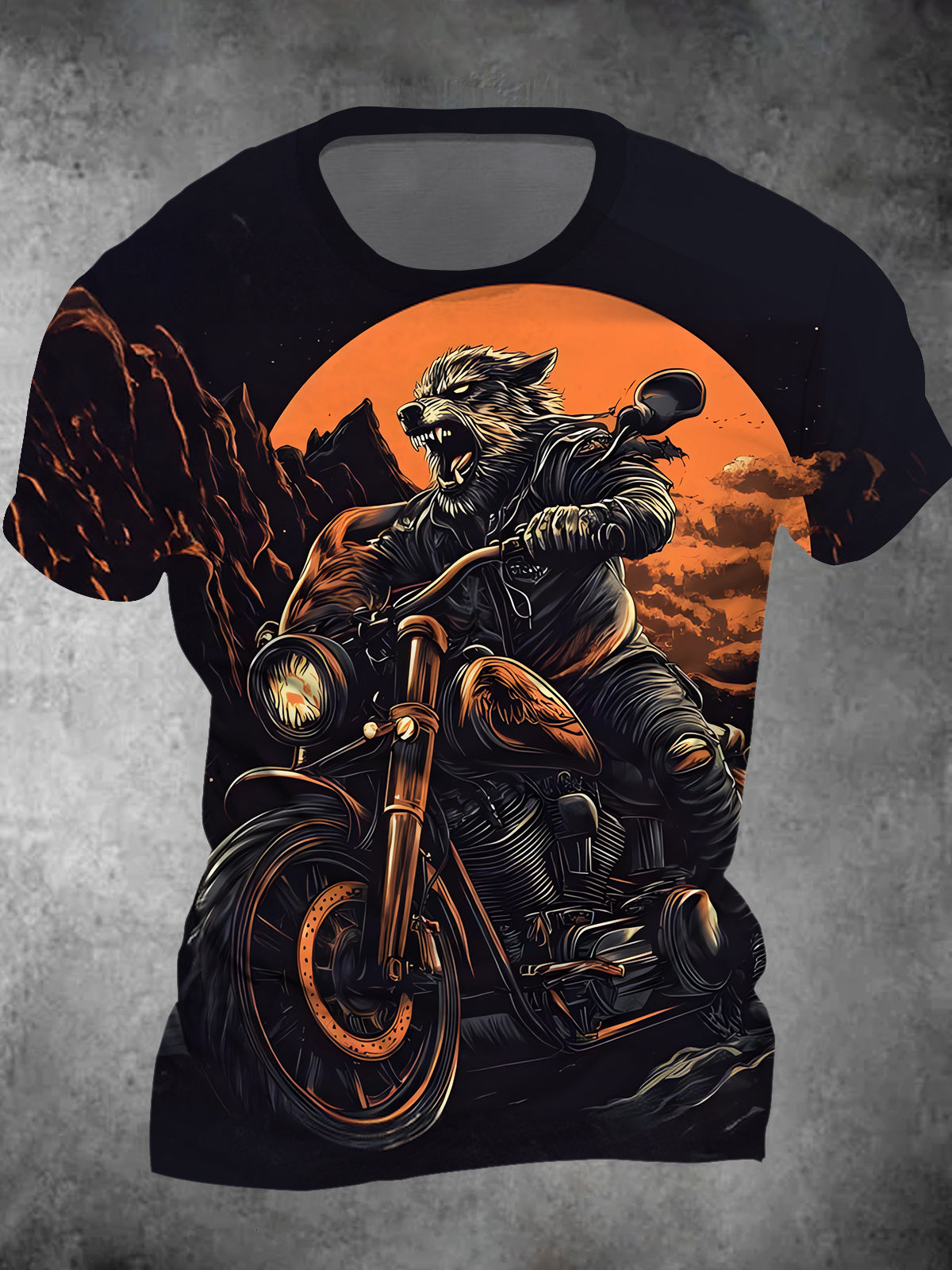 Animal Motorcycle Wolf Round Neck Short Sleeve Men's T-shirt