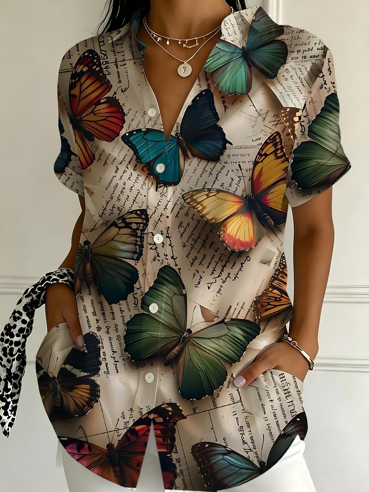 Vintage Butterfly Print Women's Short Sleeve Shirts