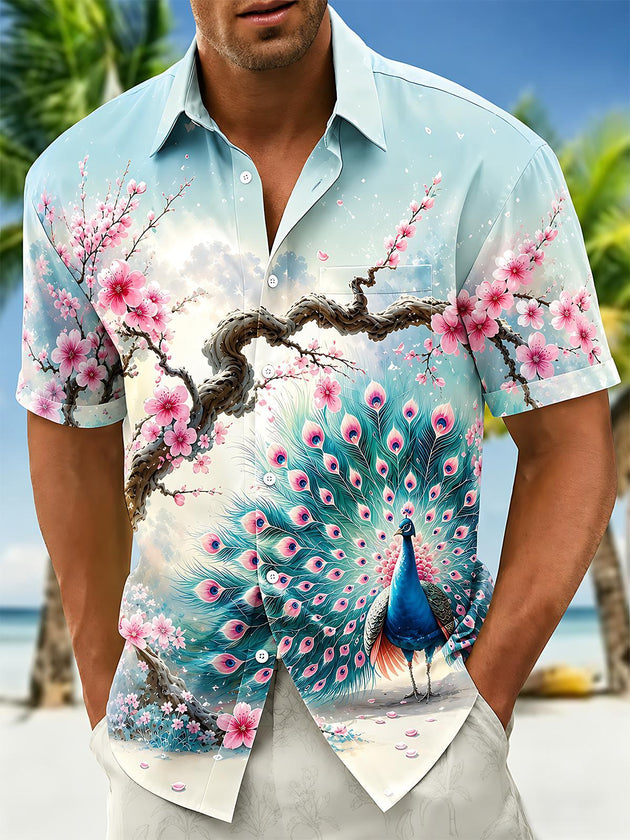 Cherry Blossom And Peacock Men's Pocket Short Sleeve Shirts