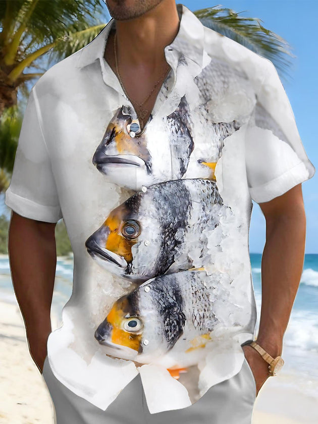 Men's blue fish print short sleeve shirt front view