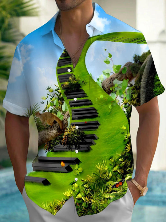 Men's green music print short sleeve shirt front view