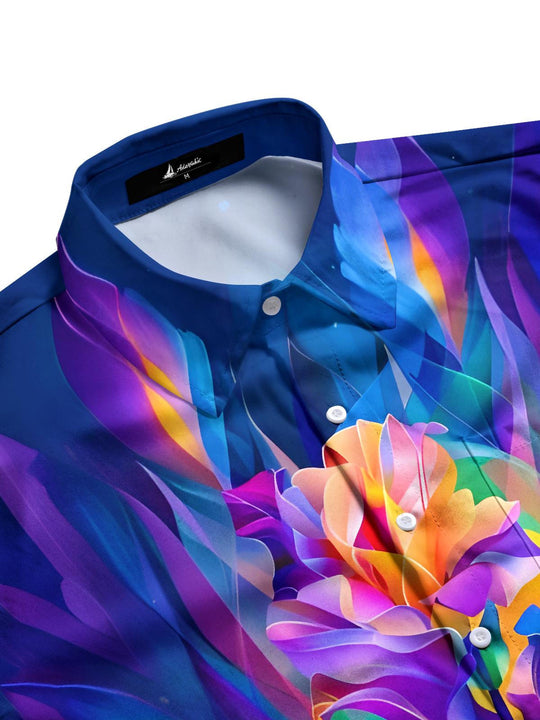Men's floral short sleeve shirt side view with botanical details