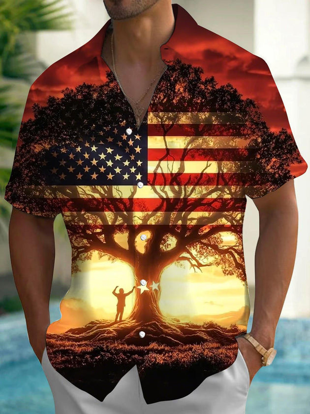 Men's American flag tree print short sleeve shirt front view for Independence Day