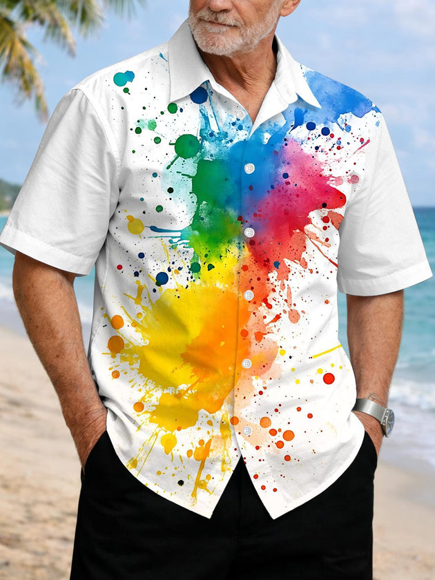 Men's abstract ink print short sleeve shirt front view