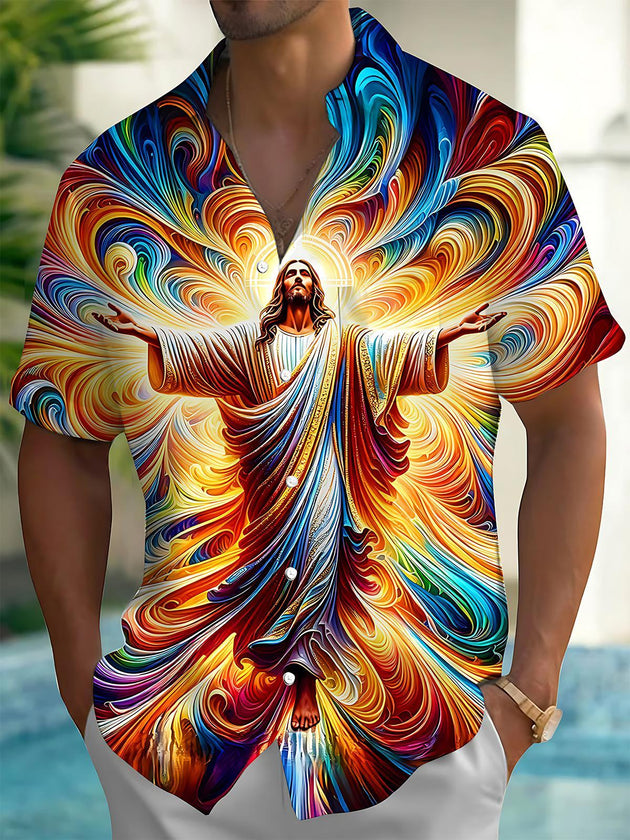Colorful Swirl Jesus Art Men's Pocket Short Sleeve Shirts