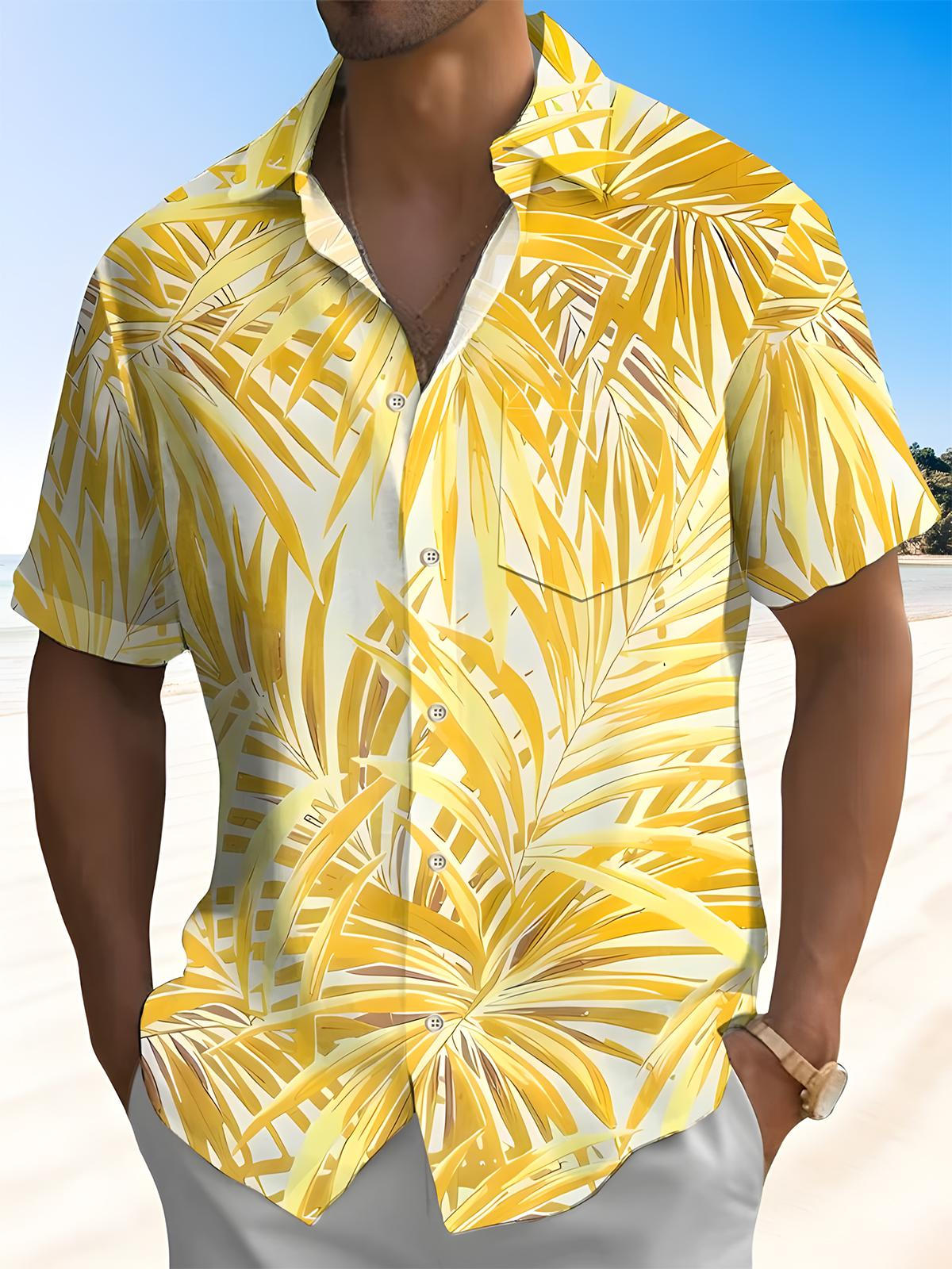 Hawaiian Plant Leaves Men's Pocket Short Sleeve Shirts