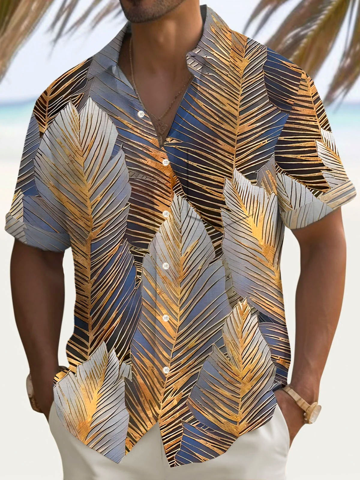 Leaf Print Short Sleeve Men's Shirts With Pocket