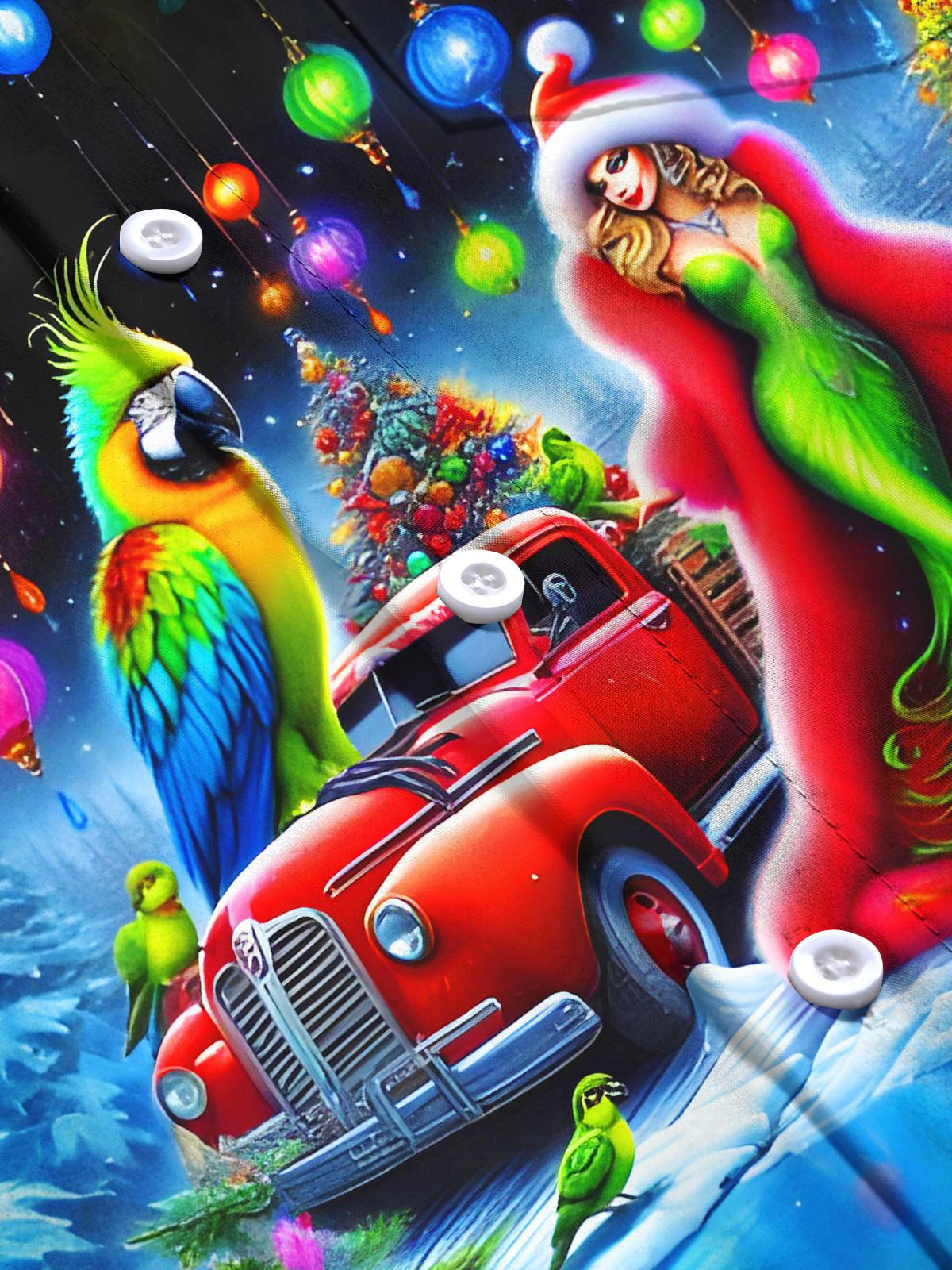 Fun Christmas Tree Parrot Beauty Car Light Ball Xmas Men's Pocket Long Sleeve Shirts