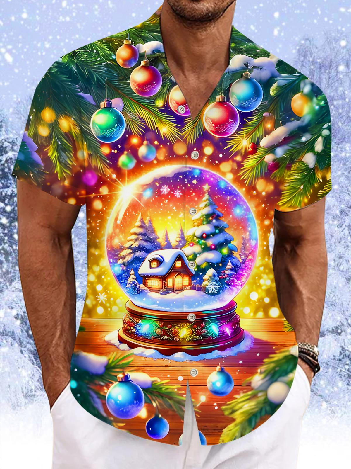 Christmas Tree Lights Crystal Ball Xmas Men's Pocket Short Sleeve Shirts