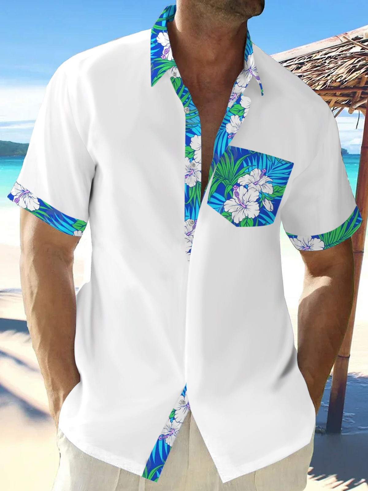 Plant Leaf Flowers Print Men's Pocket Short Sleeve Shirts