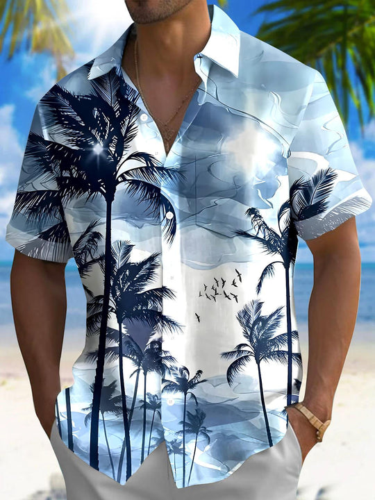Men's Hawaiian coconut tree short sleeve shirt front view for tropical beach vacation