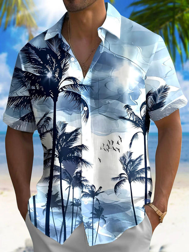 Men's Hawaiian coconut tree short sleeve shirt front view for tropical beach vacation