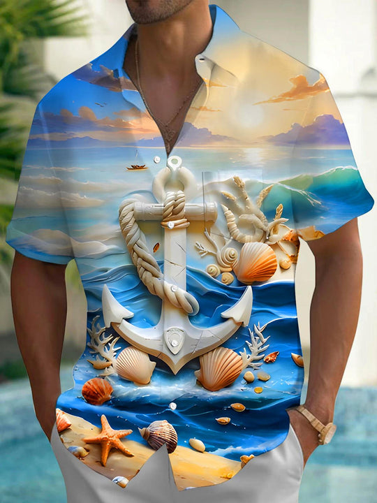 Men's blue ocean print short sleeve shirt back view