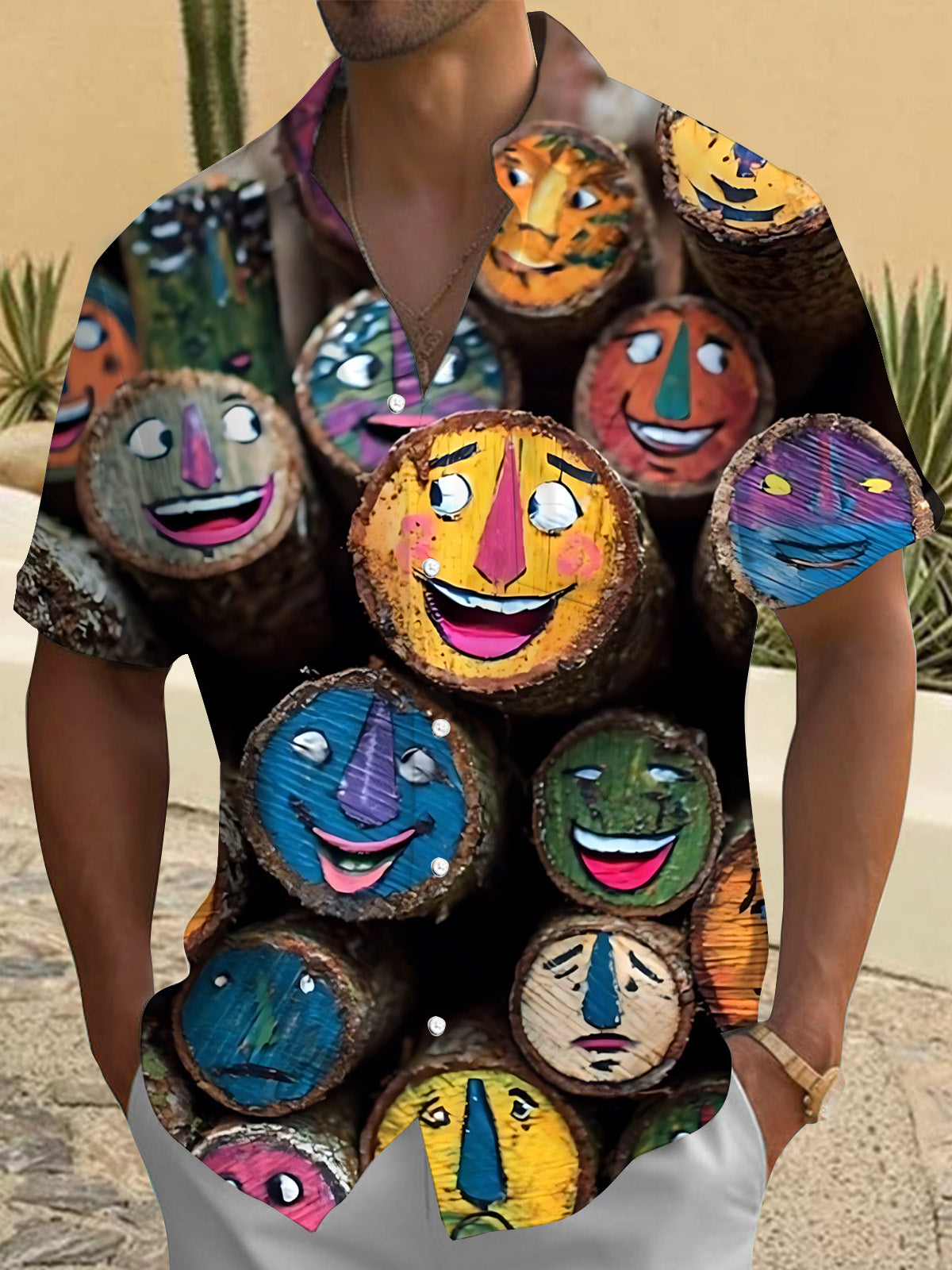 Funny Wood Print Men's Pocket Short Sleeve Shirts