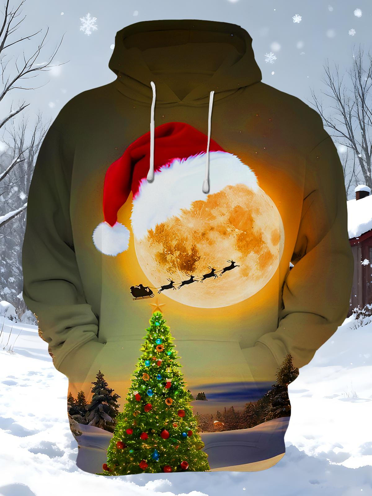 Christmas Tree Bright Moon Xmas Men's Long Sleeve Pocket Hoodies