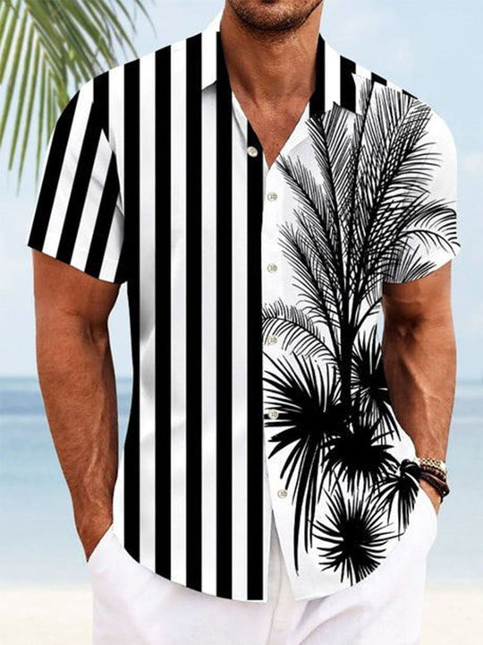 Men's Hawaiian flora stripe pocket short sleeve shirt front view tropical beach vacation