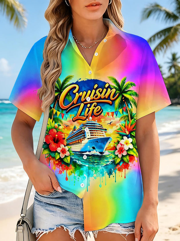 Hawaiian Cruise Vacation Gradient Color Women's Short Sleeve Shirts