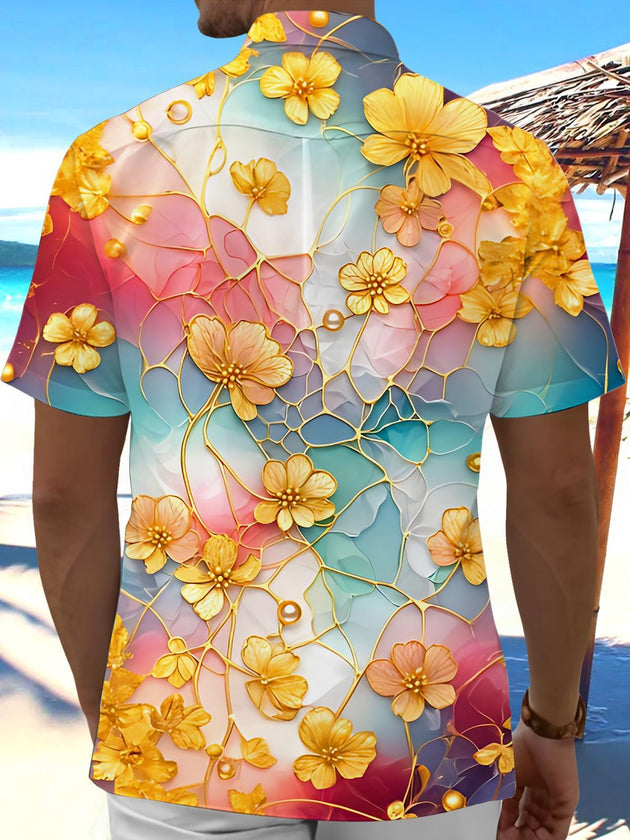 Art Golden Flower Gradient Watercolor Men's Pocket Short Sleeve Shirts
