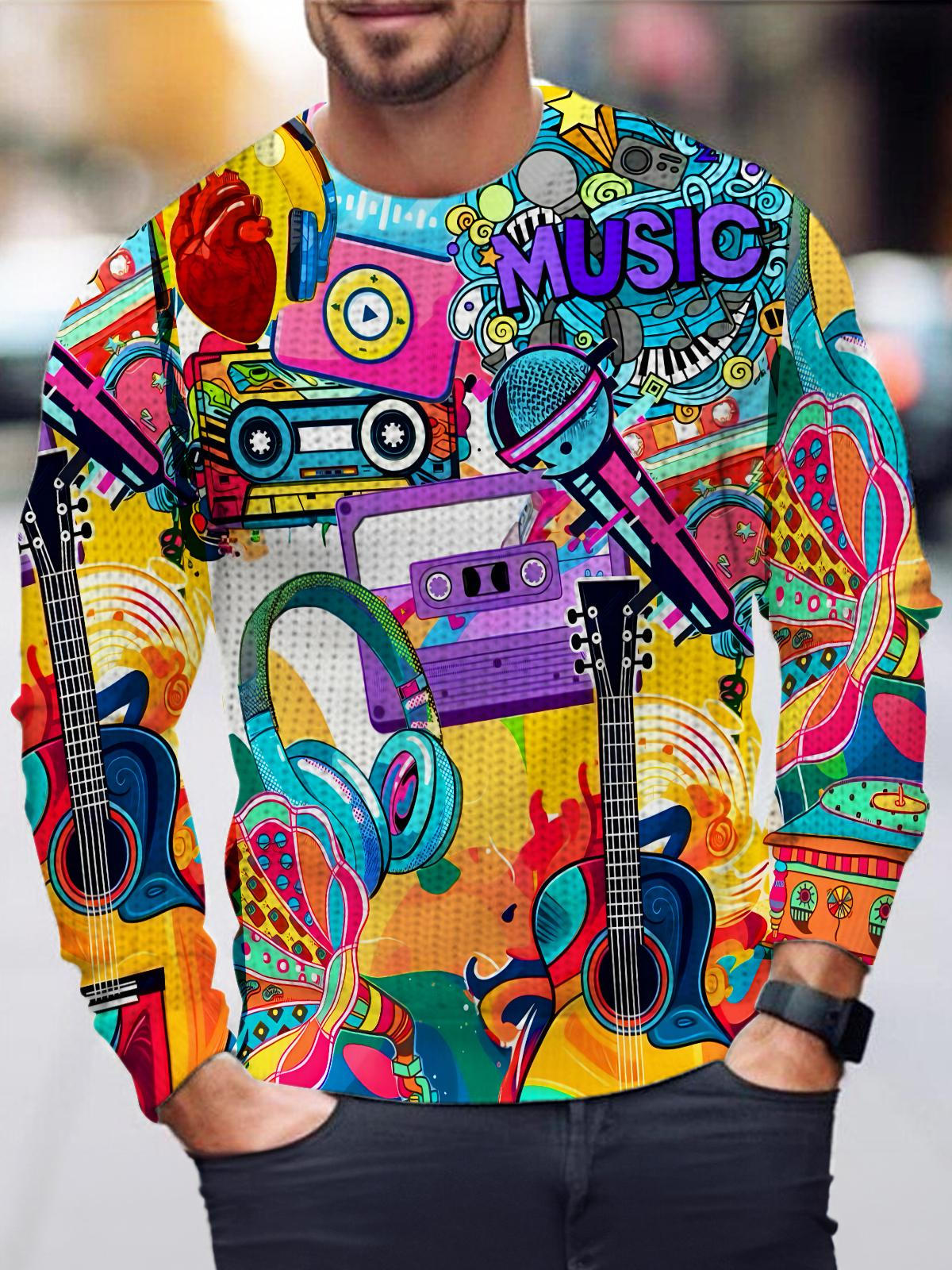 Colorful Art Music Instruments Men's Long Sleeve Round Neck Tops