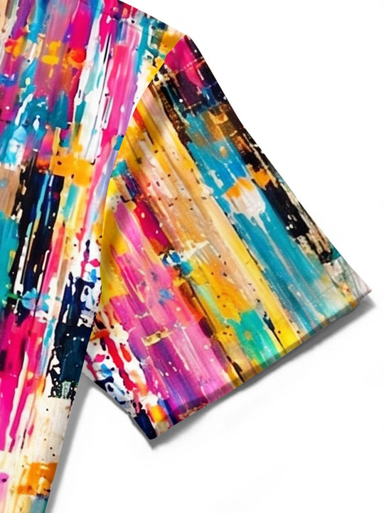 Men's vibrant graffiti vertical striped Hawaiian pocket short sleeve shirt fabric texture close-up