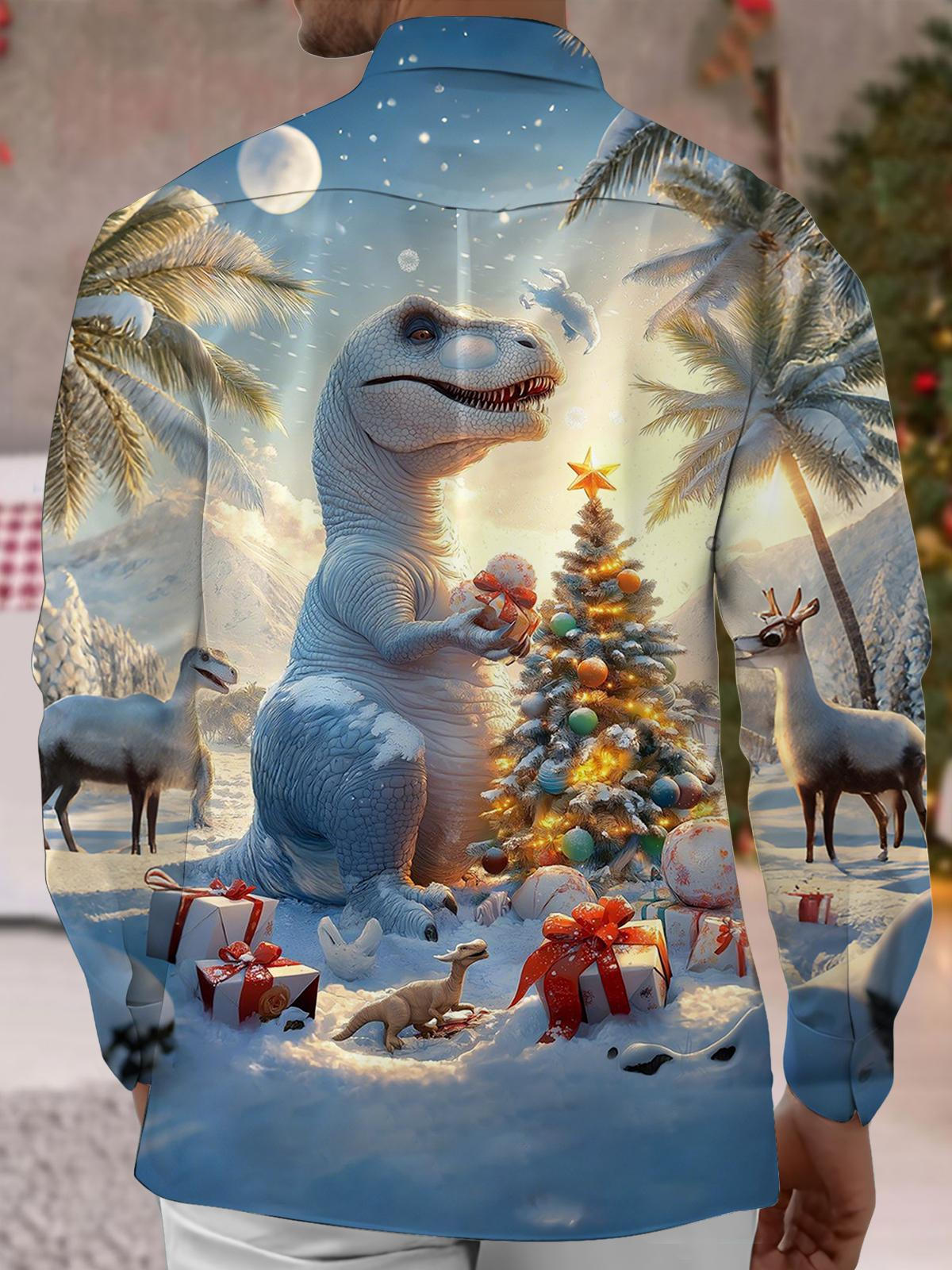 Winter Dinosaur Christmas Tree Print Men's Pocket Long Sleeve Shirts