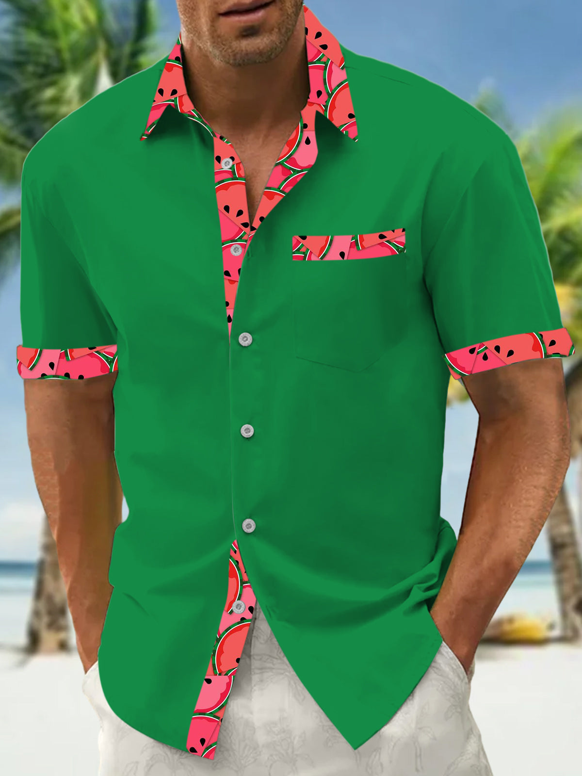 Watermelon Print Men's Pocket Short Sleeve Shirts