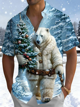 Men's Christmas tree polar bear print short sleeve shirt front view for holiday party