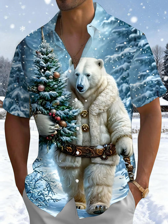 Men's Christmas tree polar bear print short sleeve shirt front view for holiday party
