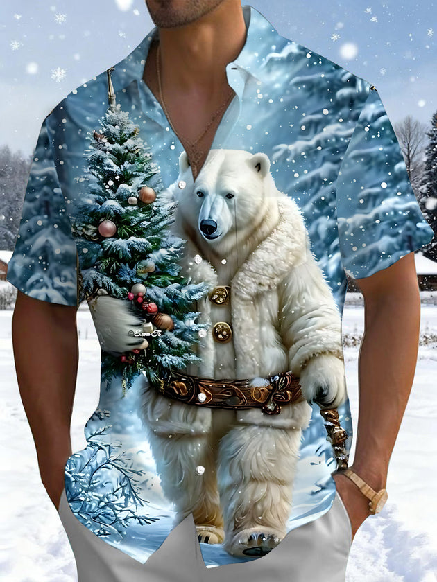 Men's Christmas tree polar bear print short sleeve shirt front view for holiday party