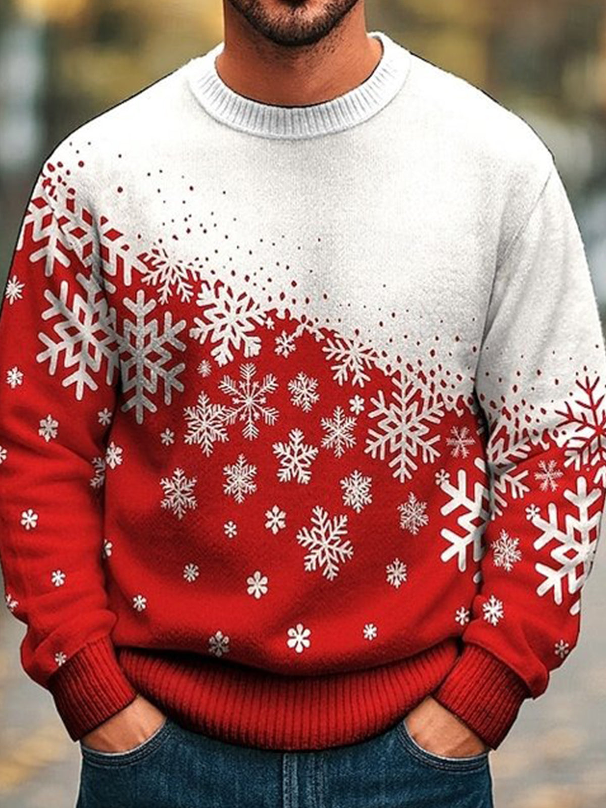 Christmas Gradient Snowflake Print Men's Long Sleeve Round Neck Tops