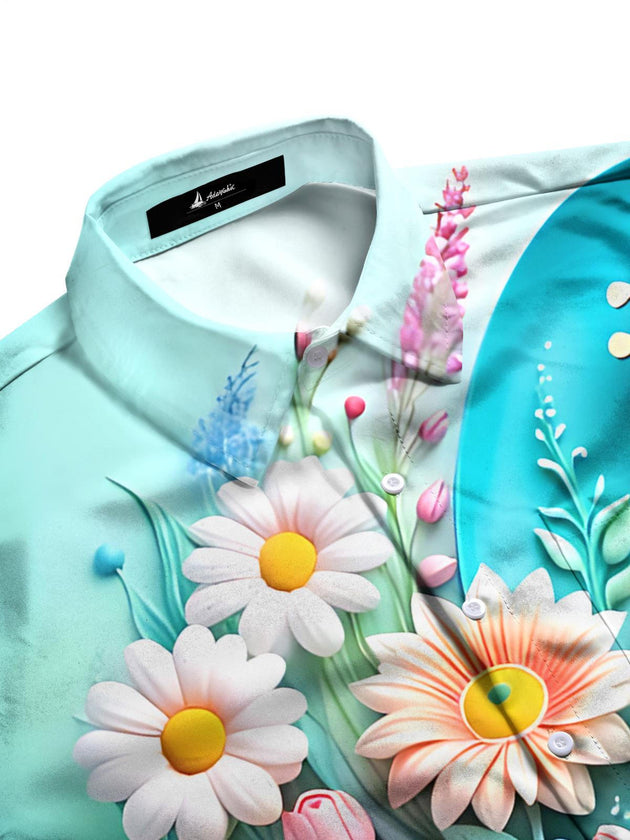 Men's floral long sleeve shirt side view with botanical guitar art print