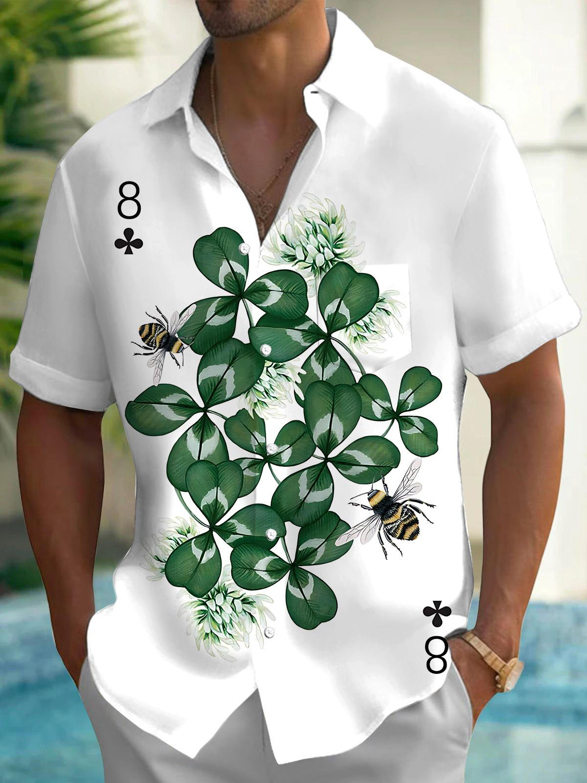 Clover Bee Poker Print Men's Pocket Short Sleeve Shirts