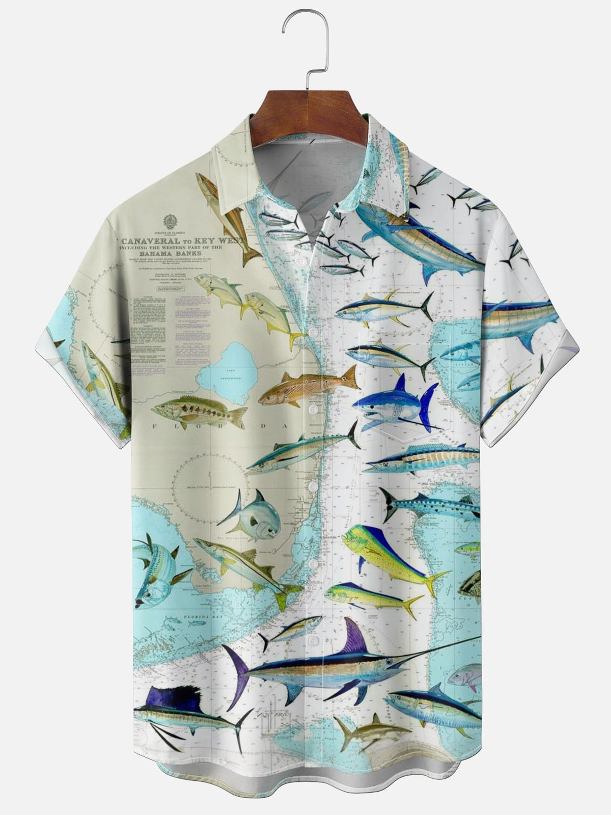 Ocean Fish Map Print Men's Pocket Short Sleeve Shirts