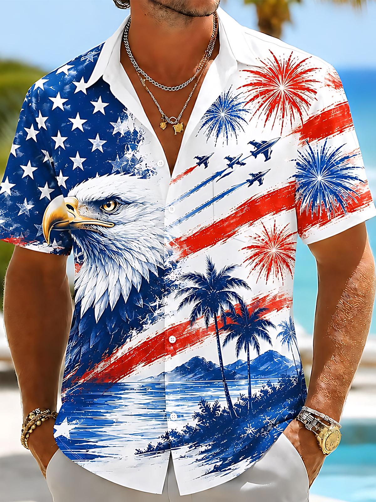 Independence Day American Flag Eagle Print Men's Pocket Short Sleeve Shirts