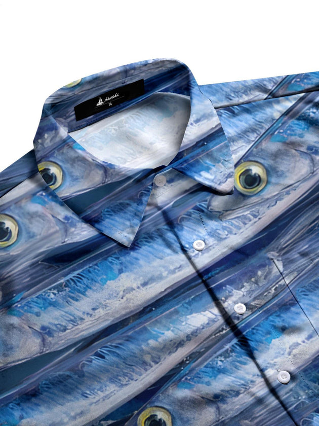 Men's short sleeve shirt with fish print side view