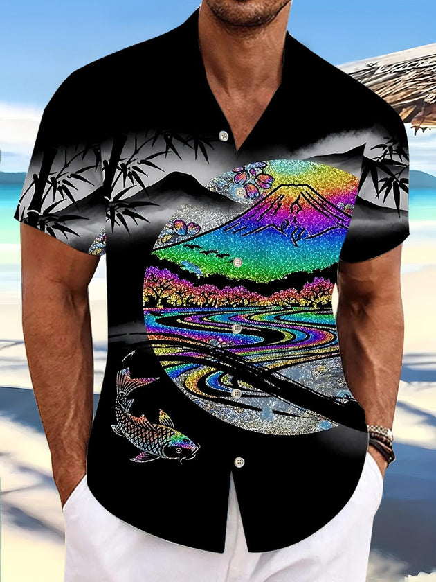 Fuji Mountain Koi Bamboo Print Men's Pocket Short Sleeve Shirts