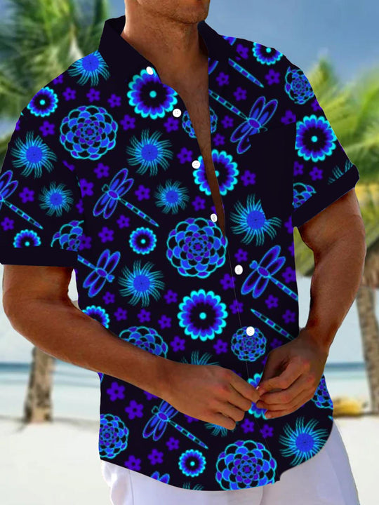 Men's short sleeve floral dragon print shirt front view