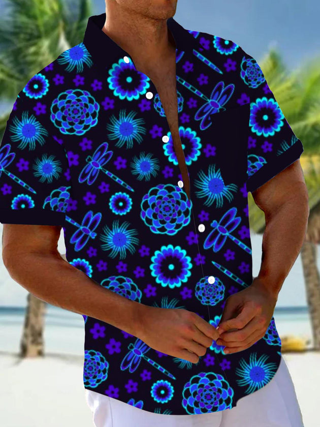 Men's short sleeve floral dragon print shirt front view