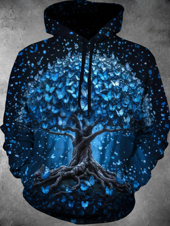 men's long sleeve pullover hoodie with butterfly tree graphic front view