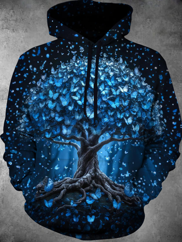men's long sleeve pullover hoodie with butterfly tree graphic front view