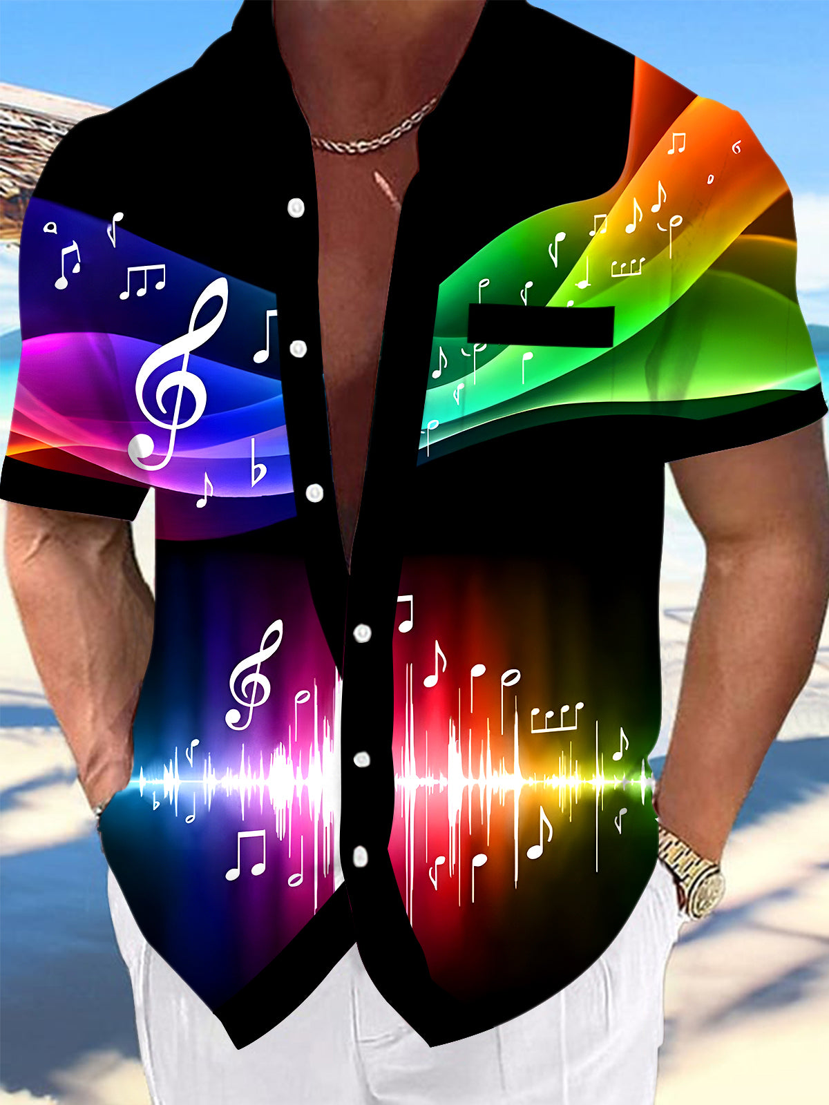 Tie Dye Musical Note Men's Pocket Short Sleeve Shirts