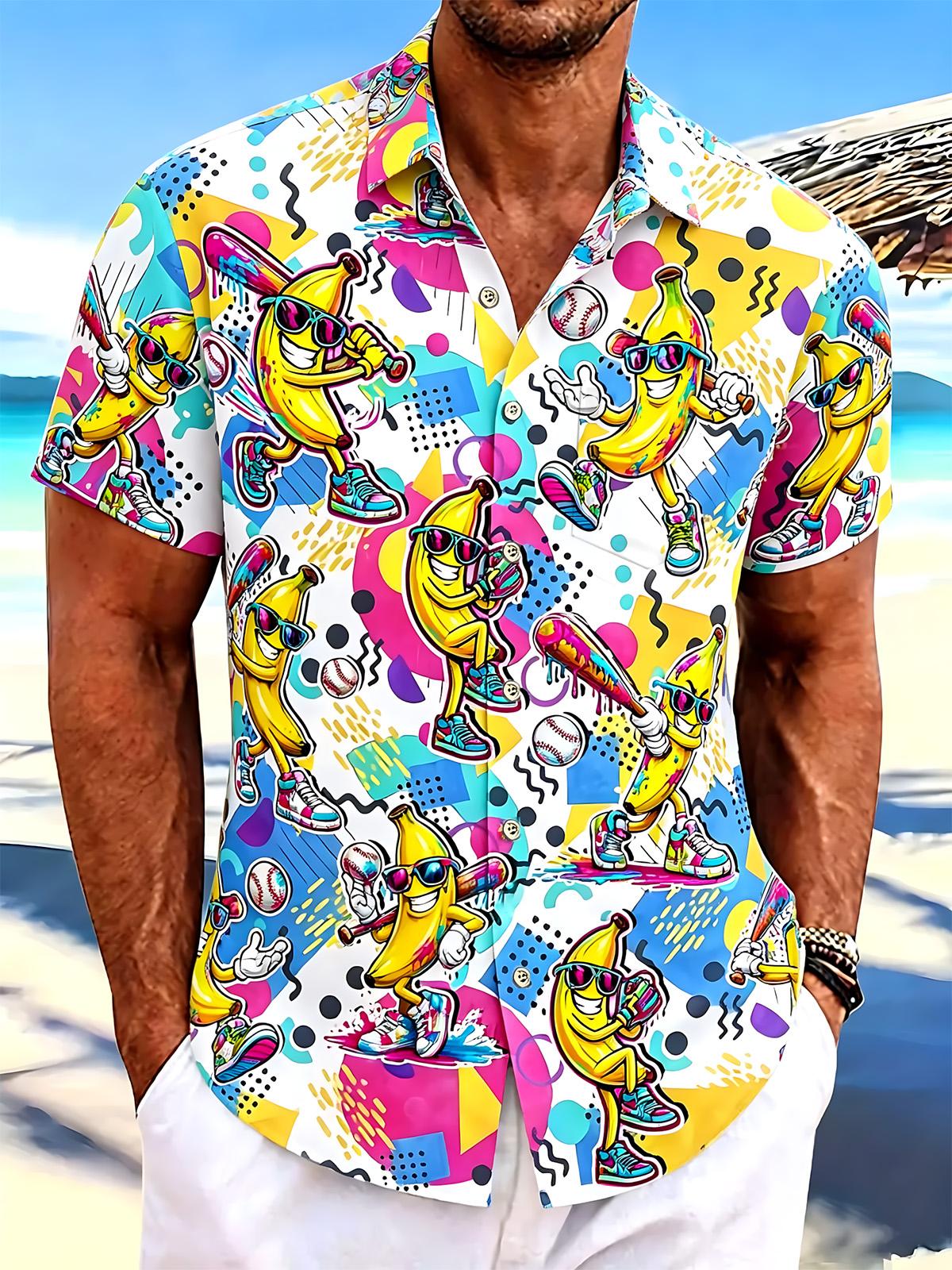 Funny Banana Baseball Print Men's Pocket Short Sleeve Shirts
