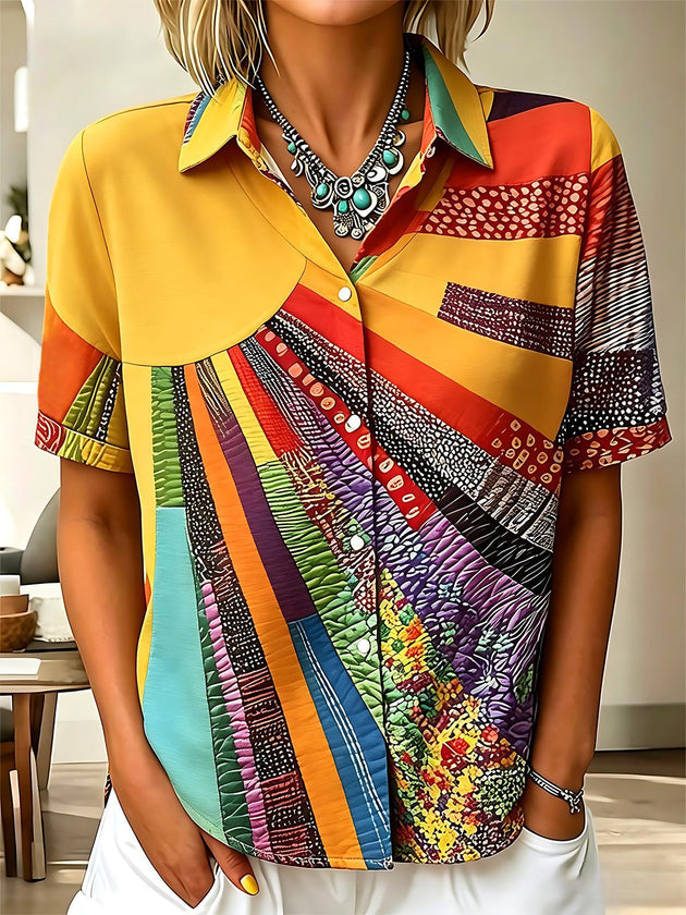 Vintage Bohemian Patchwork Color Block Women's Short Sleeve Shirts