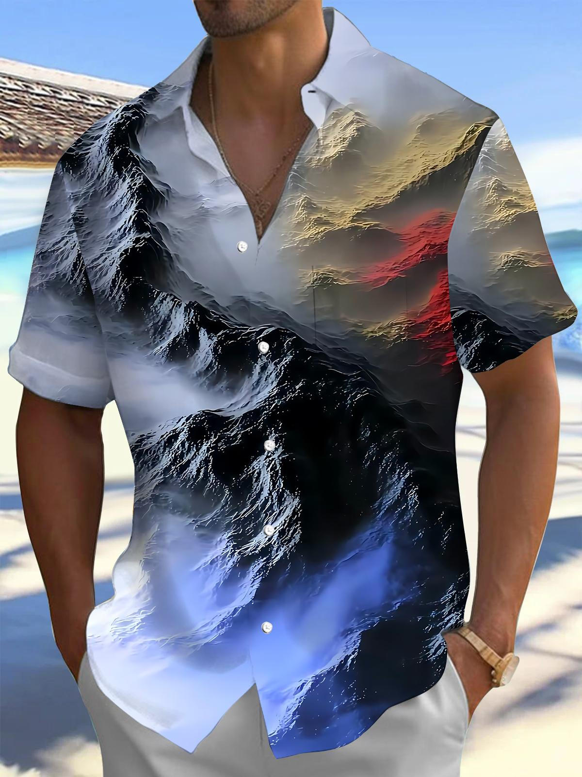 Mountain Print Men's Pocket Short Sleeve Shirts