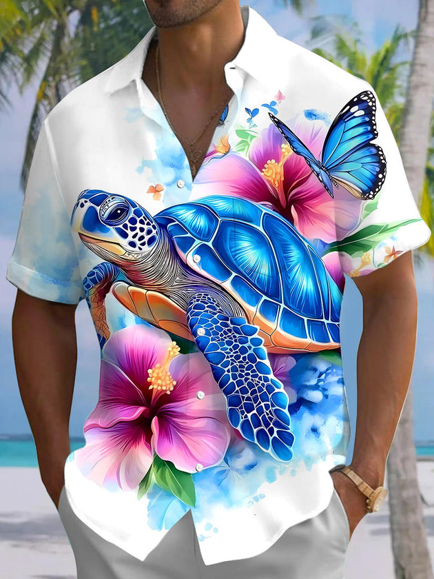 Hawaiian Turtle Floral Men's Pocket Short Sleeve Shirts