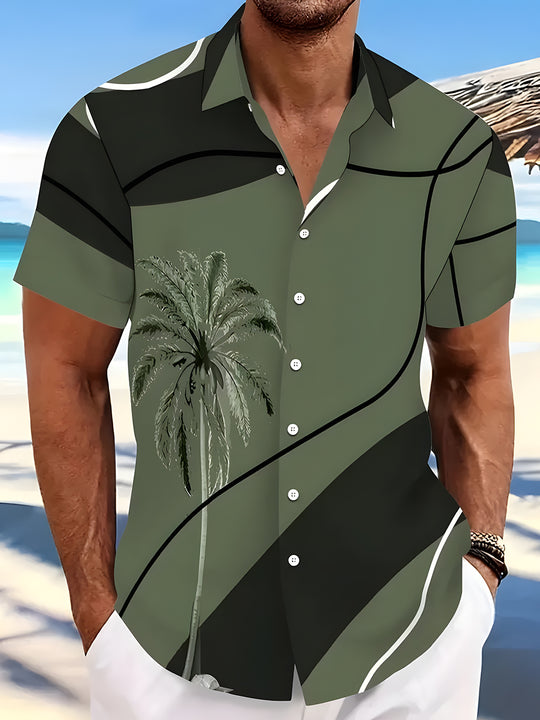 Men's Hawaiian Coconut Tree Short Sleeve Shirt front view for tropical beach vacation