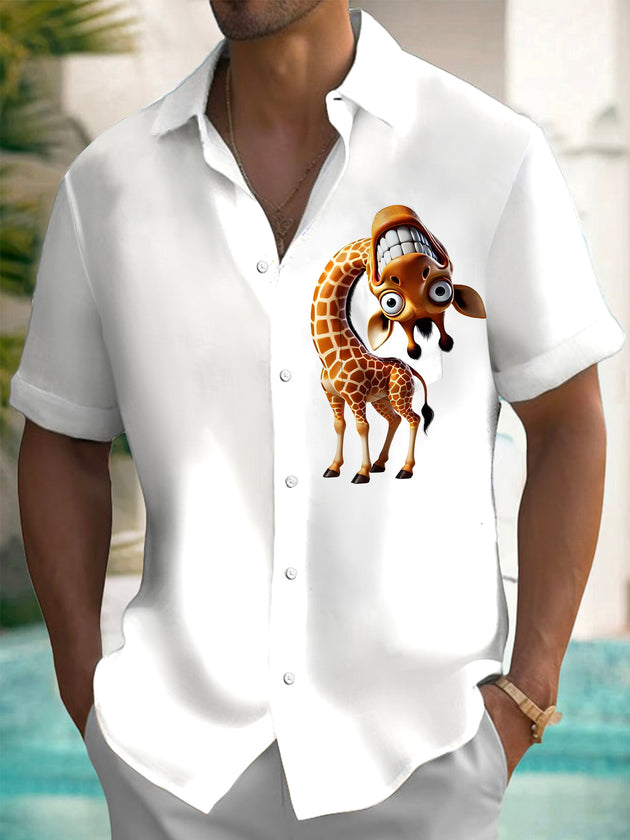 Men's giraffe print short sleeve shirt front view