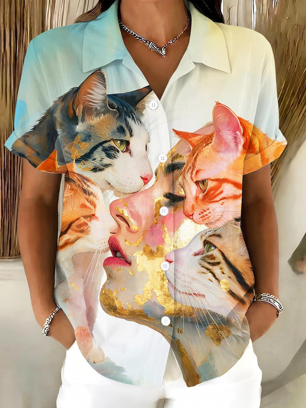 Art Cat Portrait Face Women's Short Sleeve Shirts