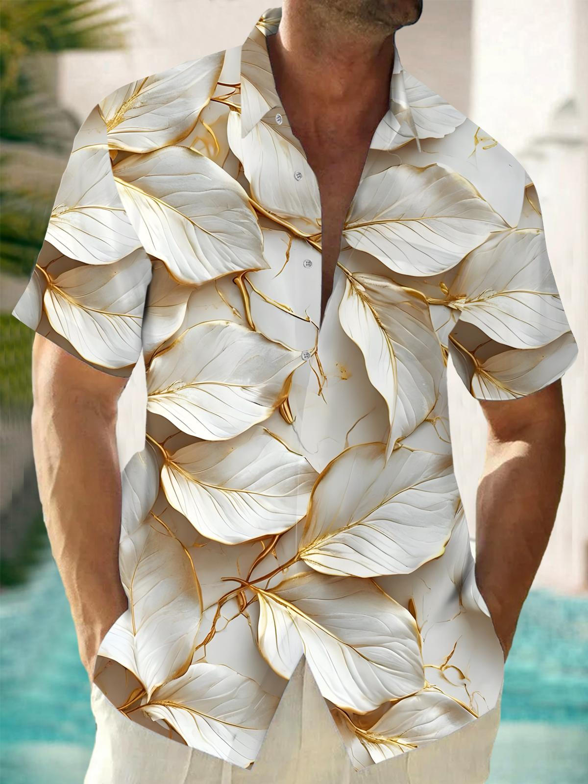 Leaf Print Men's Pocket Short Sleeve Shirts