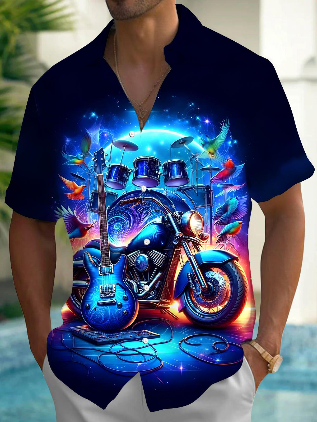 Drums Guitar Motorcycle Men's Pocket Short Sleeve Shirts